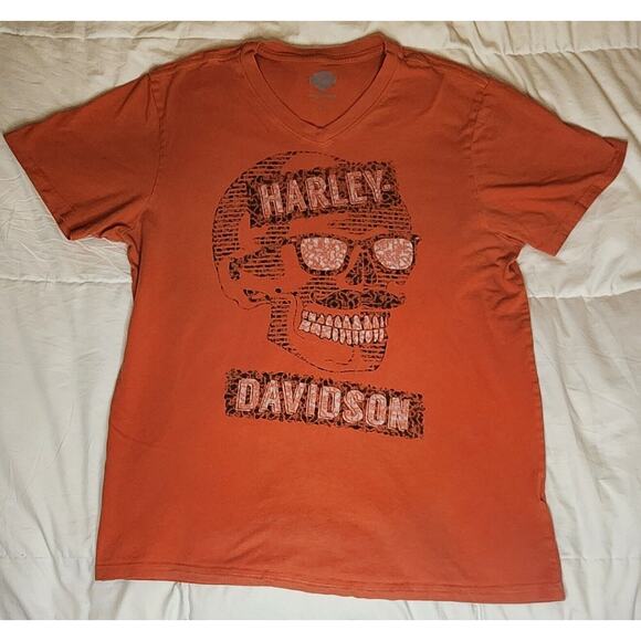 Harley Davidson Skull Graphic Print T Shirt Womens L V-Neck Orange - Picture 1 of 3